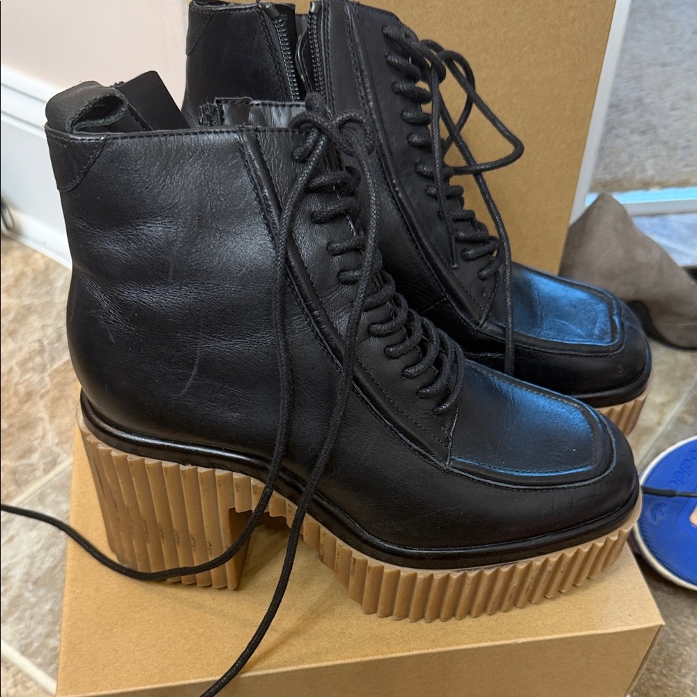 Gianni Bini Haislee Lace-Up Block Heel Leather Platform Booties